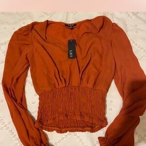 Orange Fitted Blouse with Sailor Collar and Smocked Waist